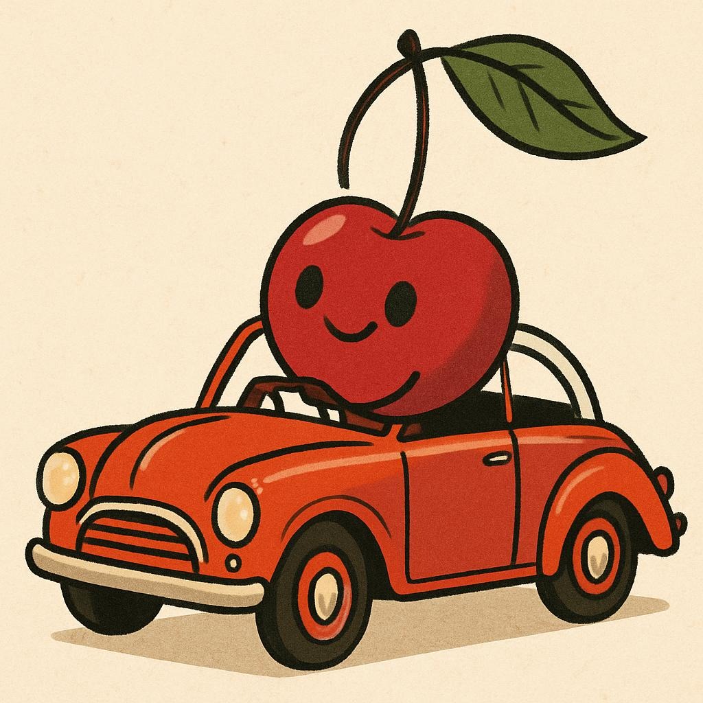 piirretty kirsikka ajaa autoa