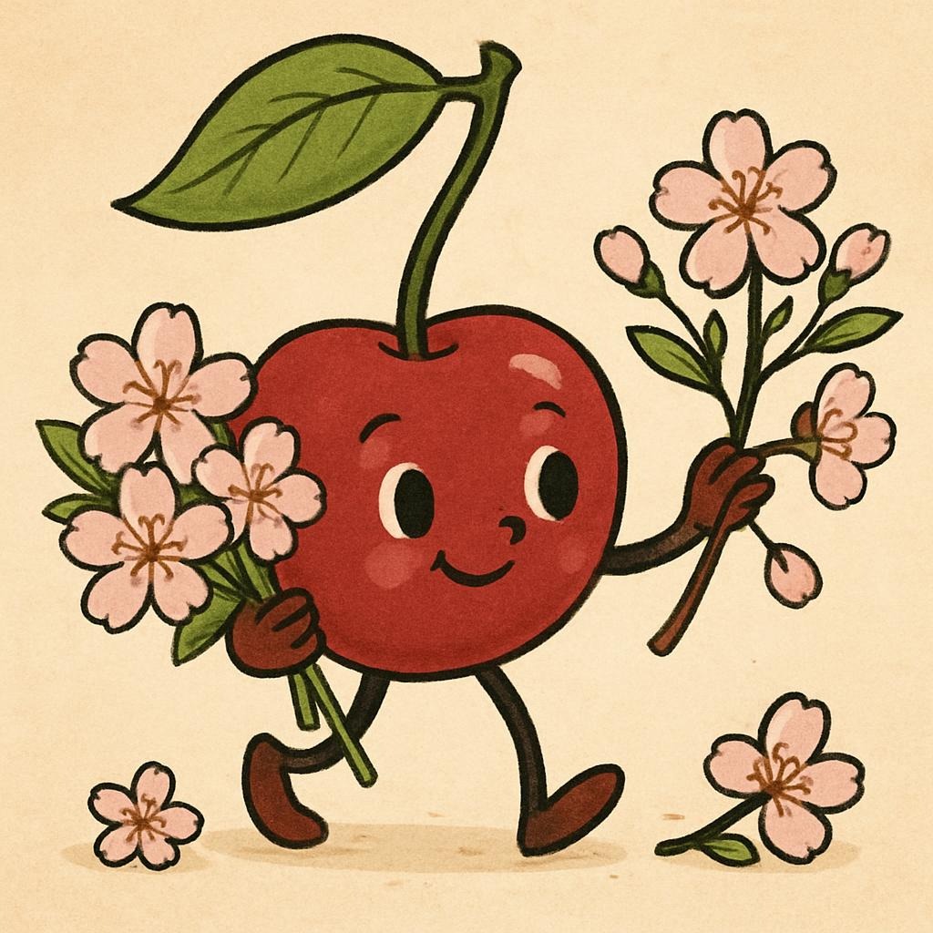 piirretty kirsikka kerää kukkia