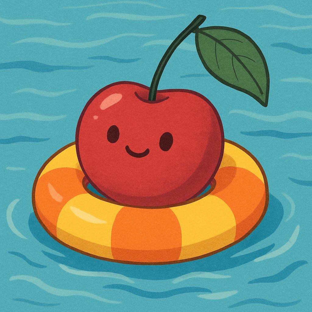 piirretty kirsikka kelluu meressä uimarenkaan kanssa